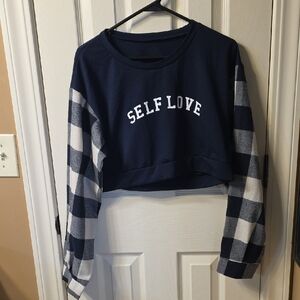 SHEIN Navy and White Plaid Sleeve Sweatshirt